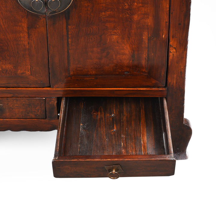 Open Drawer View Of Mulberry Chinese Antique Cabinet From Gansu - 19thC | Indigo Antiques