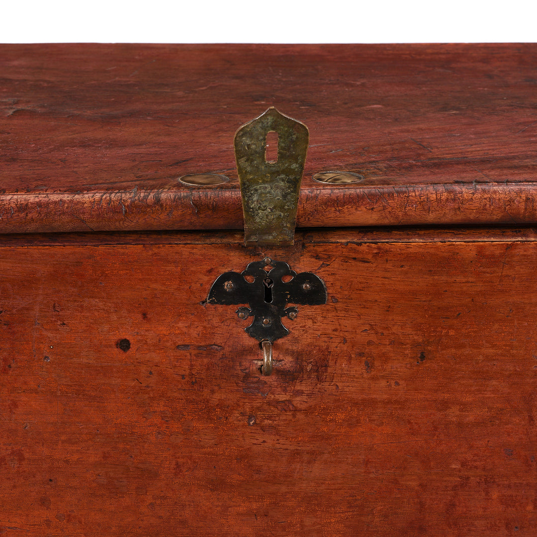 Open Latch Detail From Antique Red Lacquer Camphor Chinese Chest - 18th Century | Indigo Antiques