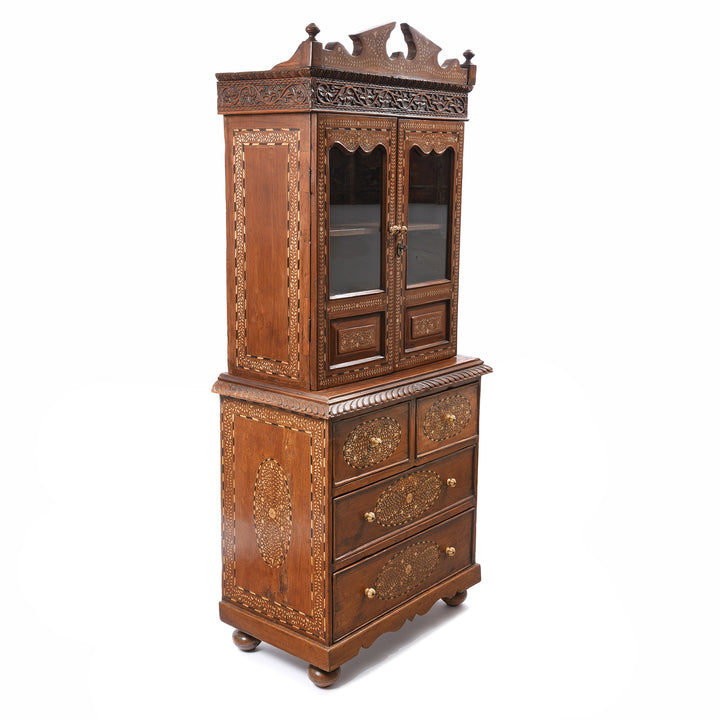 Side view of an Antique Anglo-Indian Bone Inlay Glazed Cabinet - 19th Century | Indigo Antiques