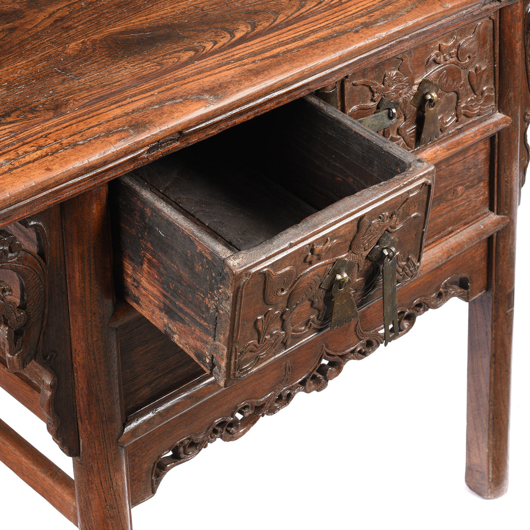 Drawer Detail From Antique Carved Elm & Pawlownia Wine Table From Shanxi - Late 19th Century