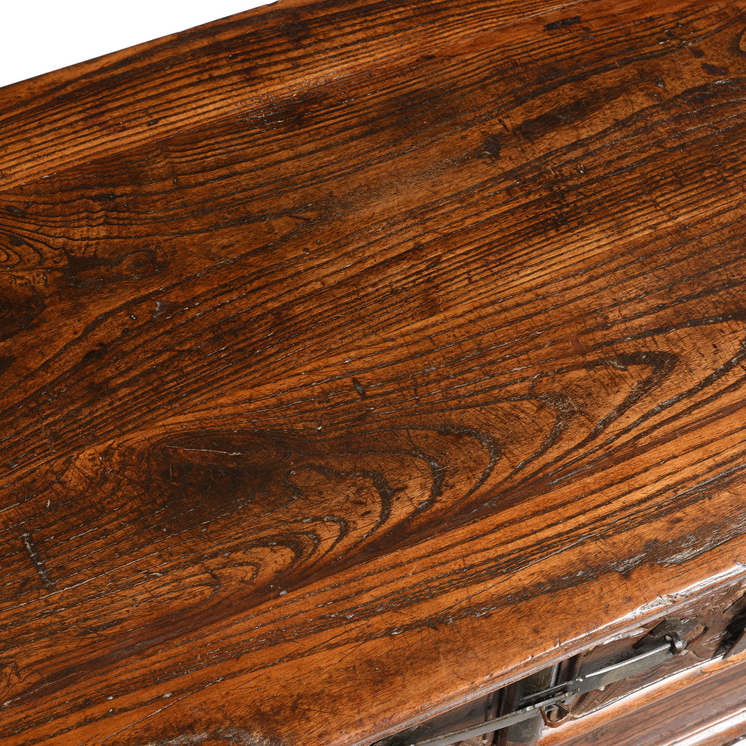 Surface Detail From Antique Carved Elm & Pawlownia Wine Table From Shanxi - Late 19th Century