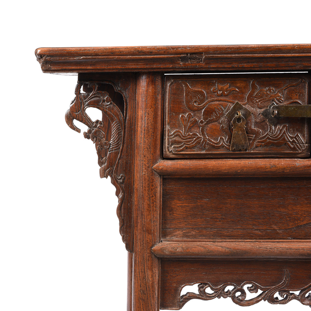 Corner Detail From Antique Carved Elm & Pawlownia Wine Table From Shanxi - Late 19th Century