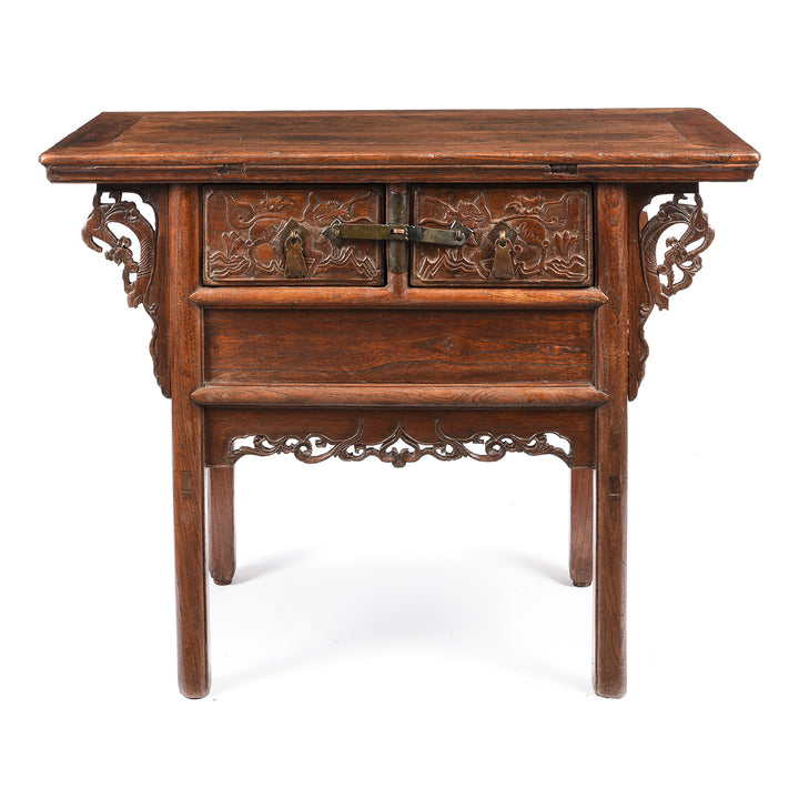 Antique Carved Elm & Pawlownia Wine Table From Shanxi - Late 19th Century