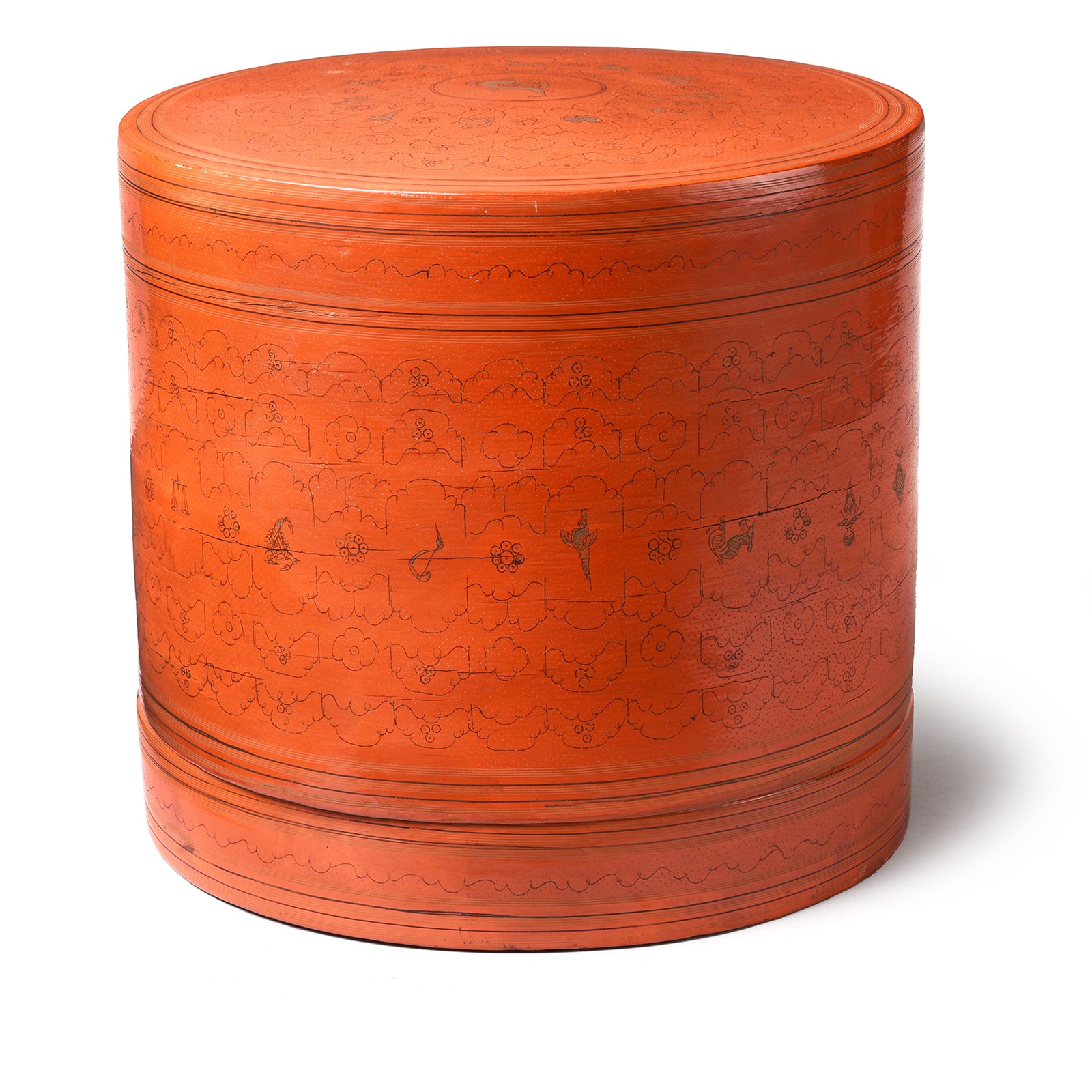 Large Burmese lacquerware betel box (kun it) orange lacquer tiffin box with kunan kanbyat etching| Indigo Antiques