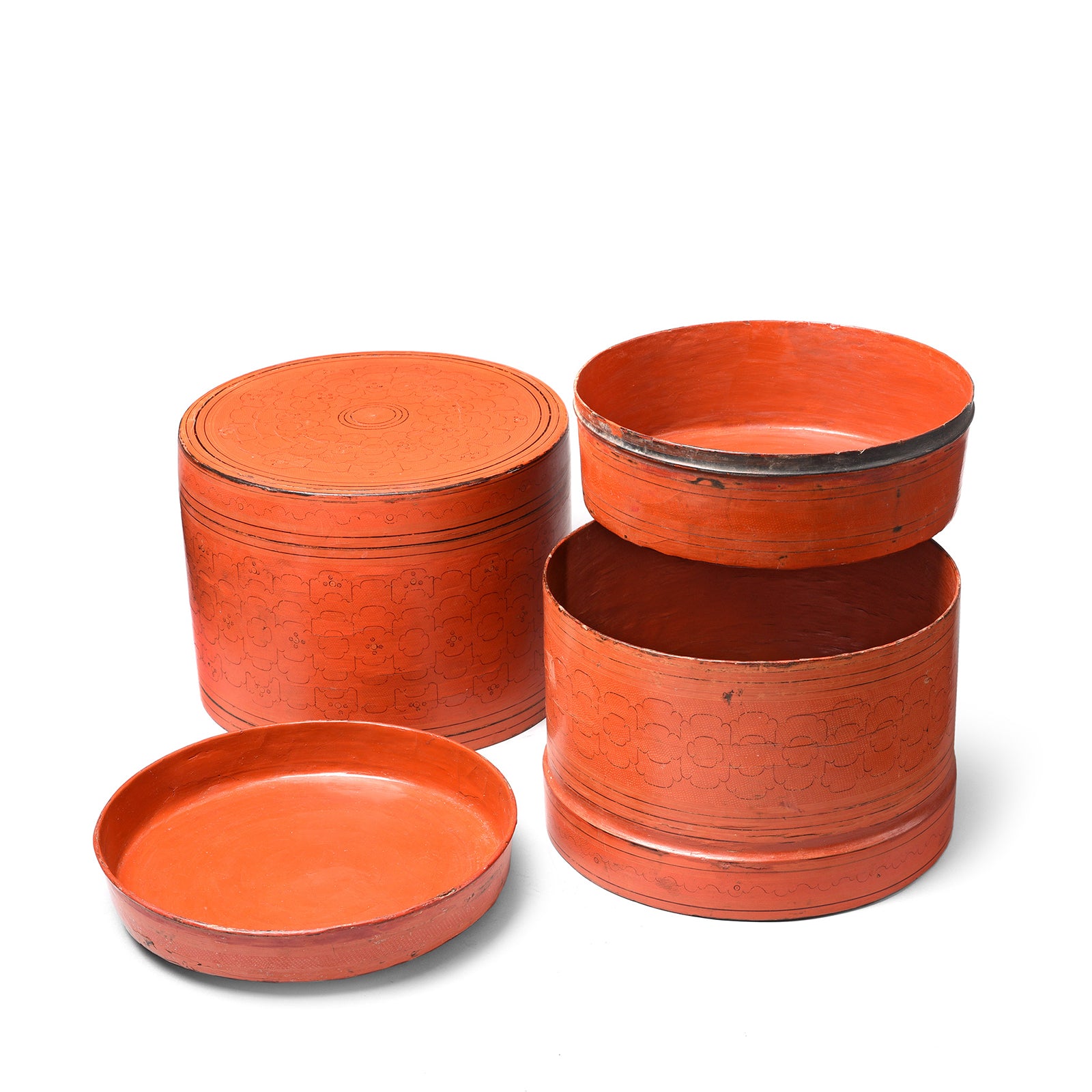 Burmese lacquerware betel box (kun it) orange lacquer tiffin box | Indigo Antiques
