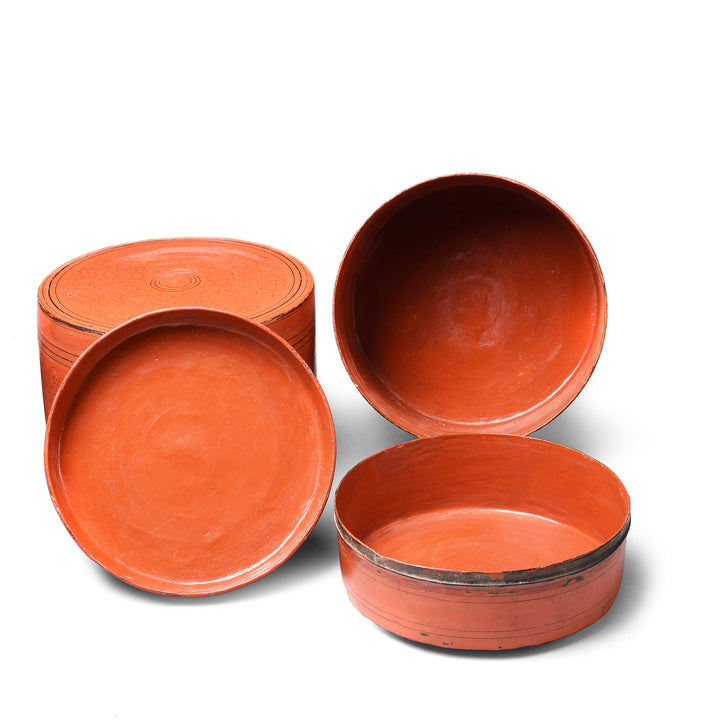 Burmese lacquerware betel box (kun it) orange lacquer tiffin box compartments set | Indigo Antiques