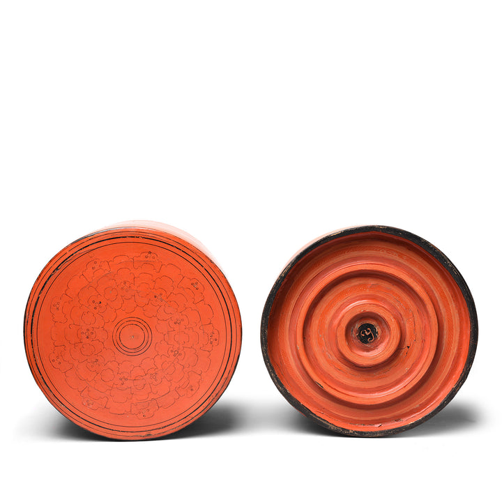 Burmese lacquerware betel box (kun it) orange lacquer tiffin box | Indigo Antiques