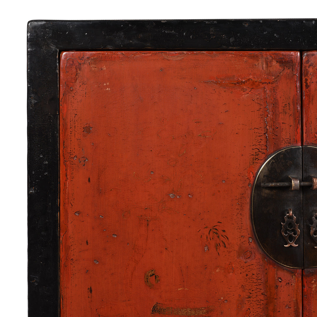Corner Detail From Antique Red & Black Lacquer Book Cabinet From Shanxi Province - 19th Century | Indigo Antiques