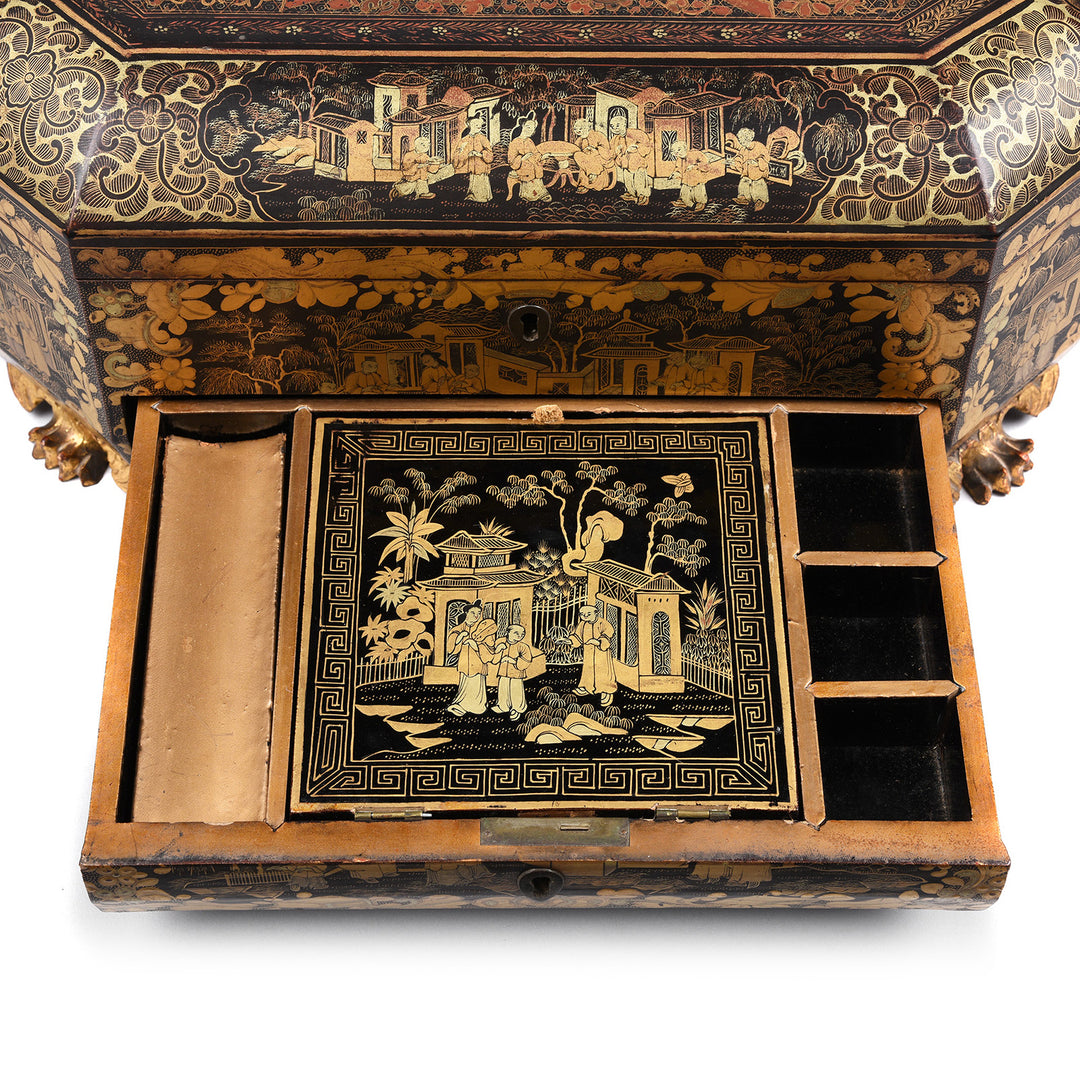 Drawer Interior Detail From Antique Chinoiserie Lacquer Sewing Box - Qing Dynasty Early 19th Century | Indigo Antiques