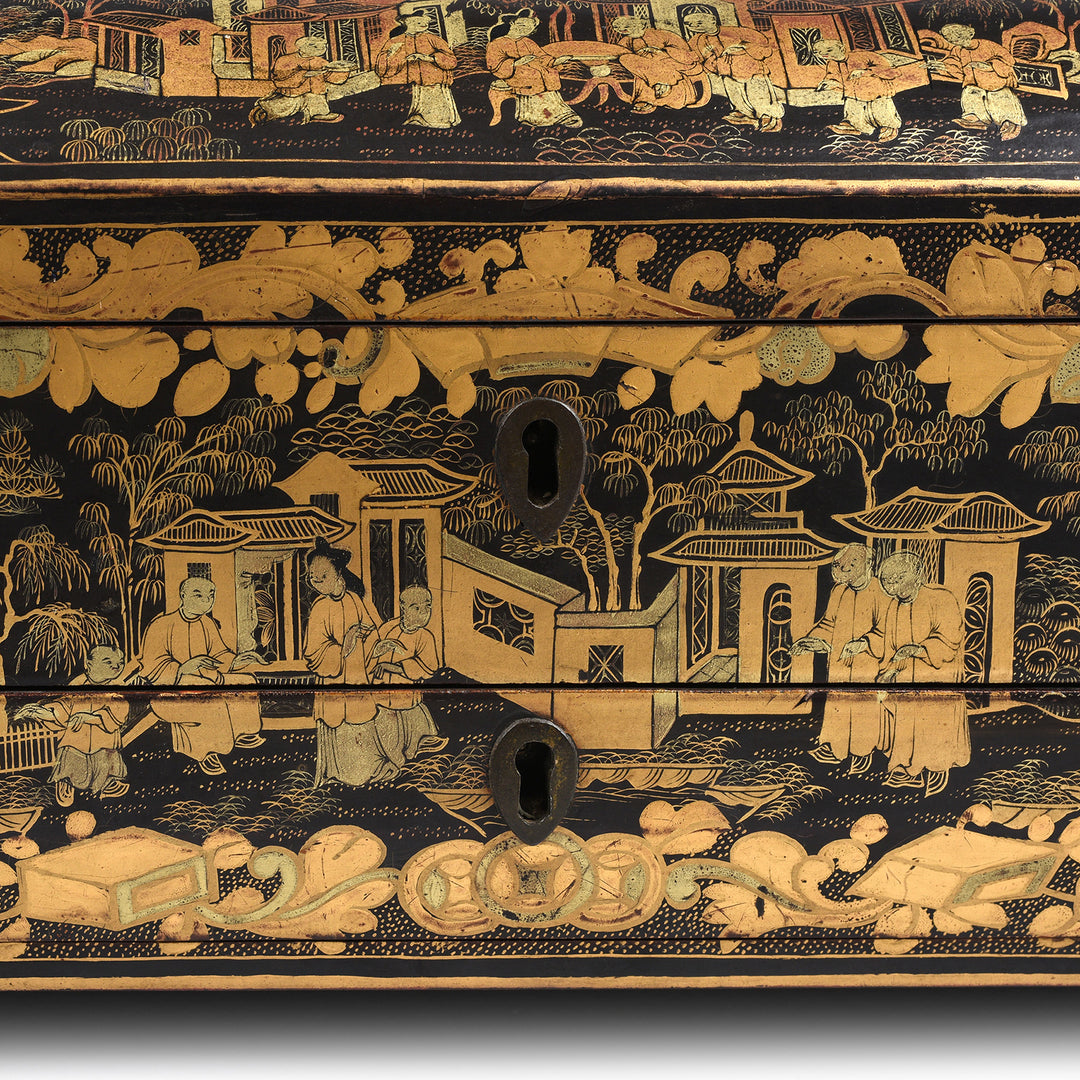 Locks Detail From Antique Chinoiserie Lacquer Sewing Box - Qing Dynasty Early 19th Century | Indigo Antiques
