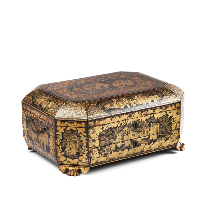 Angled View Of Antique Chinese Canton Export Lacquer Sewing Box - Qing Dynasty Early 19th Century | Indigo Antiques