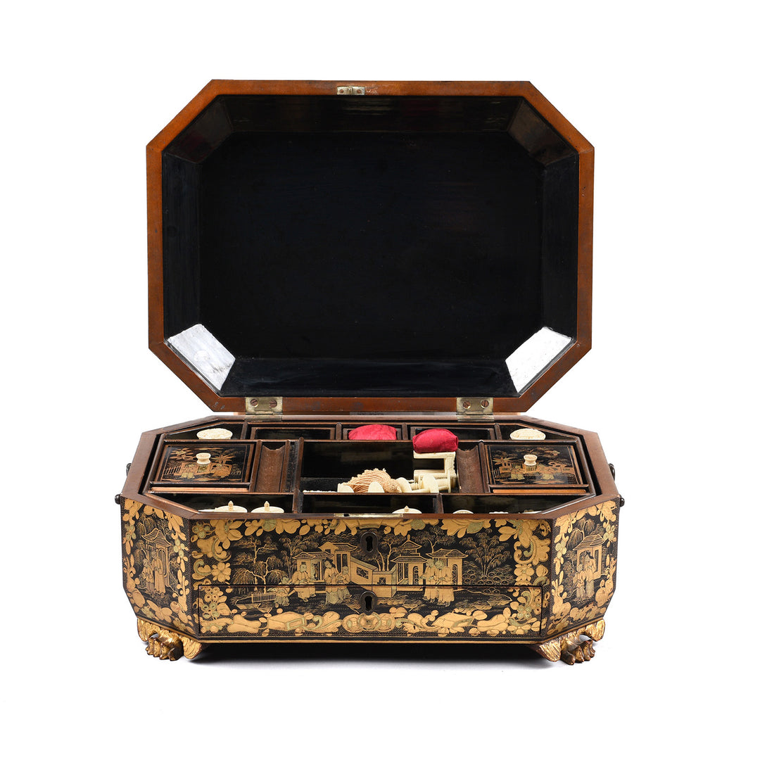 Open Lid View Of Antique Chinoiserie Lacquer Sewing Box - Qing Dynasty Early 19th Century | Indigo Antiques