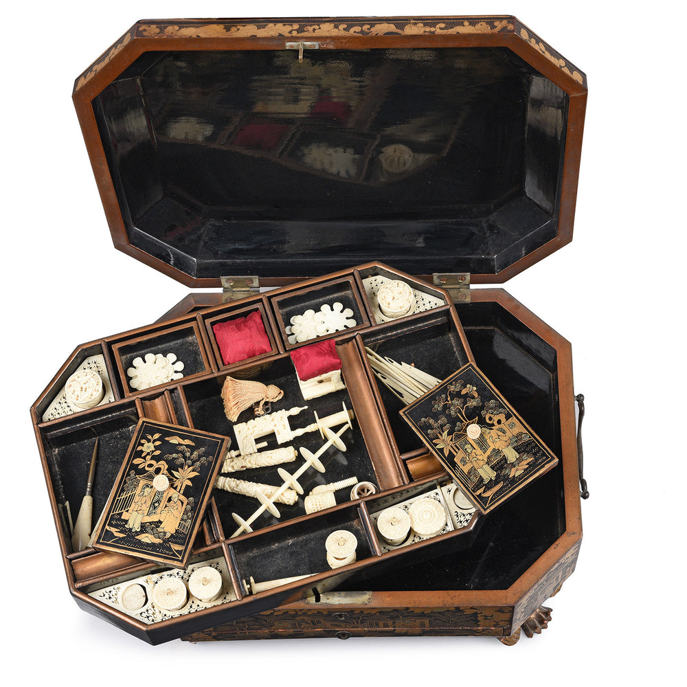 Interior Of With Ivory Tools Antique Chinese Canton Export Lacquer Sewing Box - Qing Dynasty Early 19th Century | Indigo Antiques