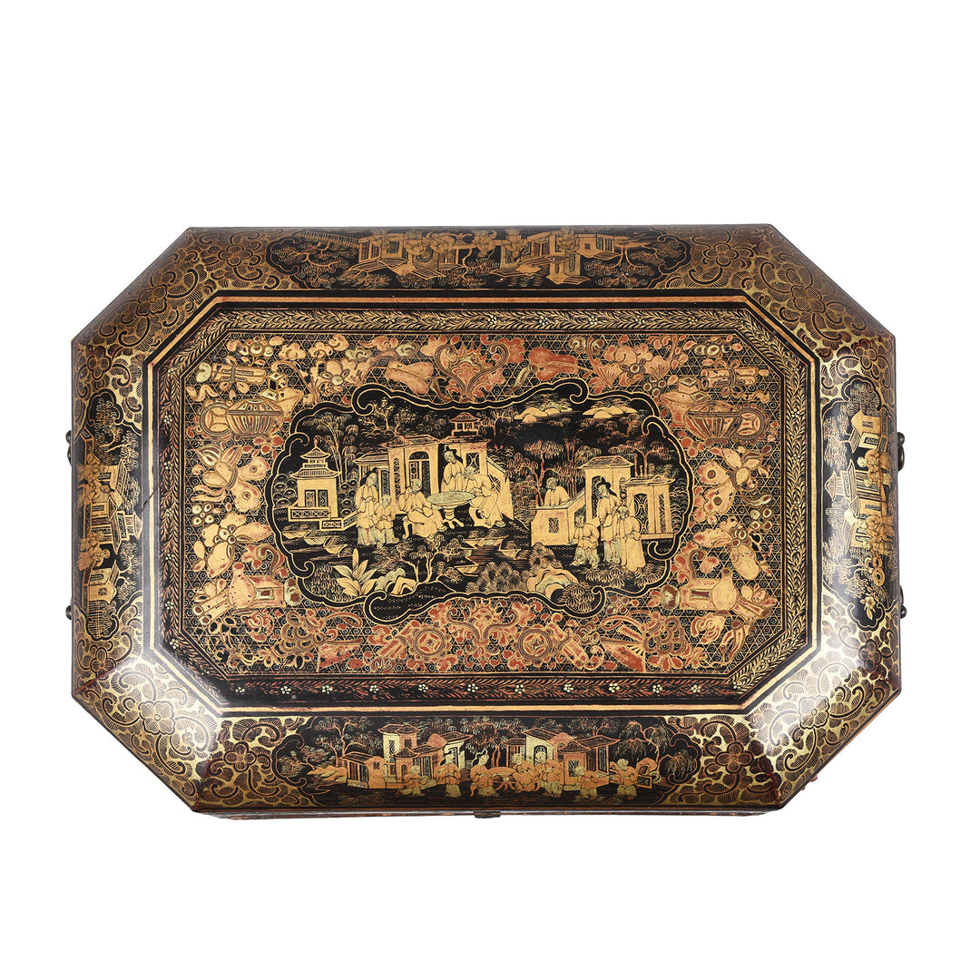 Top Down View Of Antique Chinese Canton Export Lacquer Sewing Box - Qing Dynasty Early 19th Century | Indigo Antiques