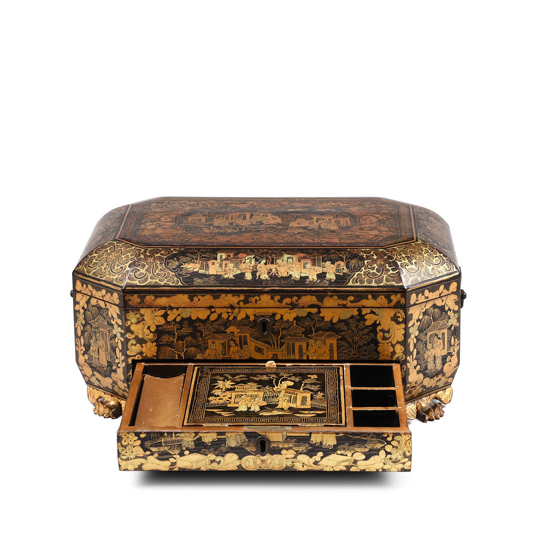 Open Drawer Detail From Antique Chinoiserie Lacquer Sewing Box - Qing Dynasty Early 19th Century | Indigo Antiques