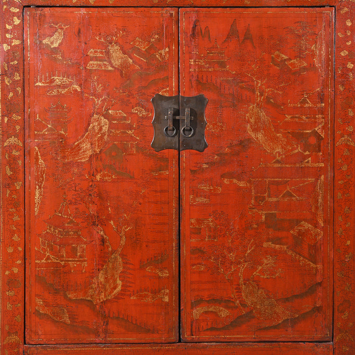 Painting detail from an Antique Chinese Gilt Red Lacquer Wedding Cabinet From Shanxi - Early 19thC | Indigo Antiques