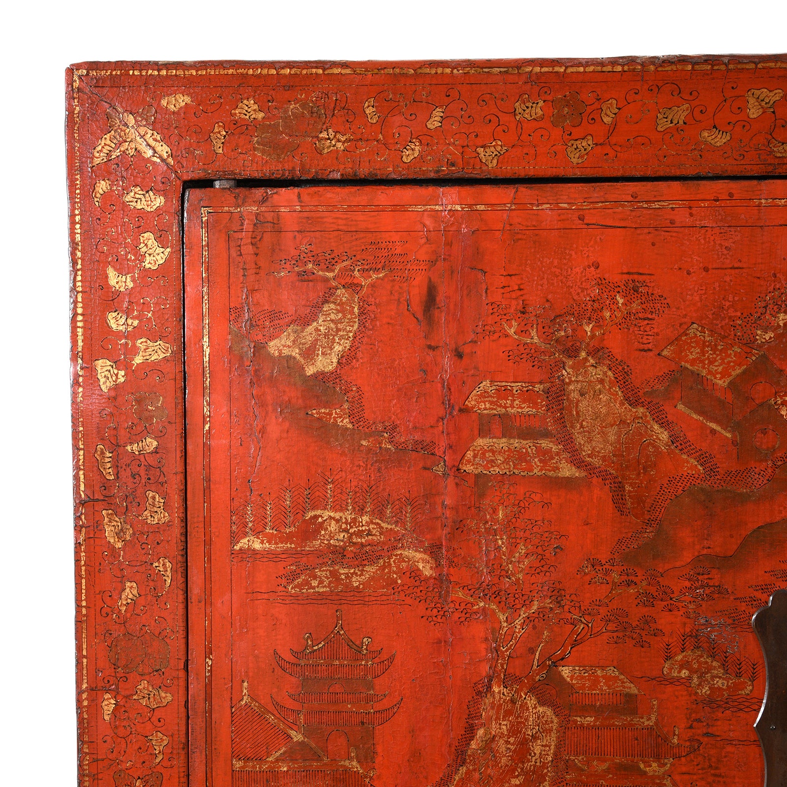 Top corner detail from an Antique Chinese Gilt Red Lacquer Wedding Cabinet From Shanxi - Early 19thC | Indigo Antiques
