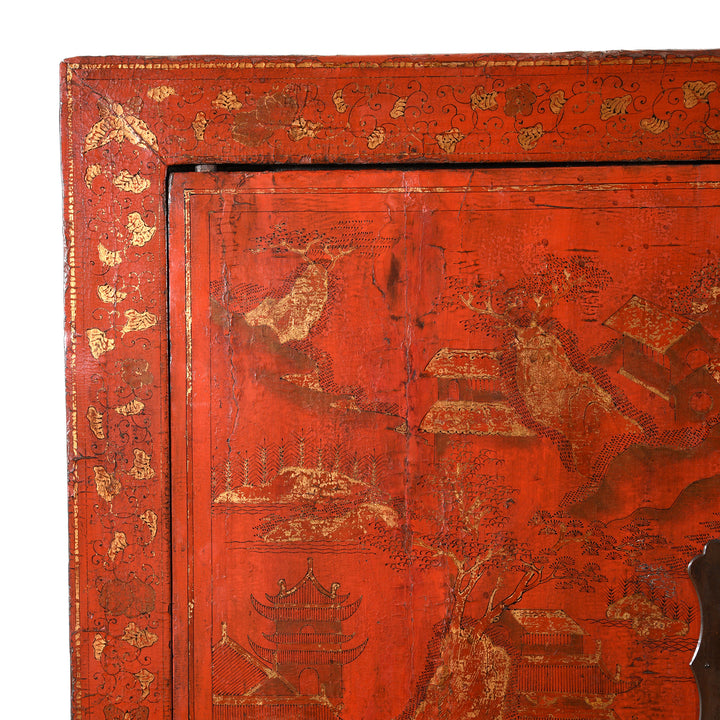 Top corner detail from an Antique Chinese Gilt Red Lacquer Wedding Cabinet From Shanxi - Early 19thC | Indigo Antiques