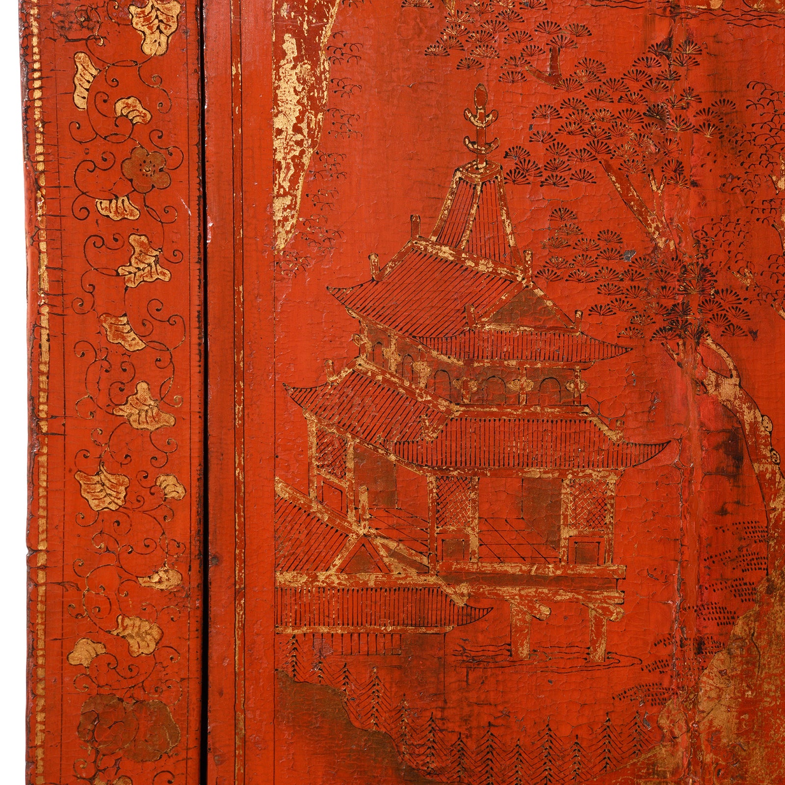 House detail from an Antique Chinese Gilt Red Lacquer Wedding Cabinet From Shanxi - Early 19thC | Indigo Antiques