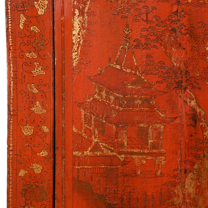 House detail from an Antique Chinese Gilt Red Lacquer Wedding Cabinet From Shanxi - Early 19thC | Indigo Antiques