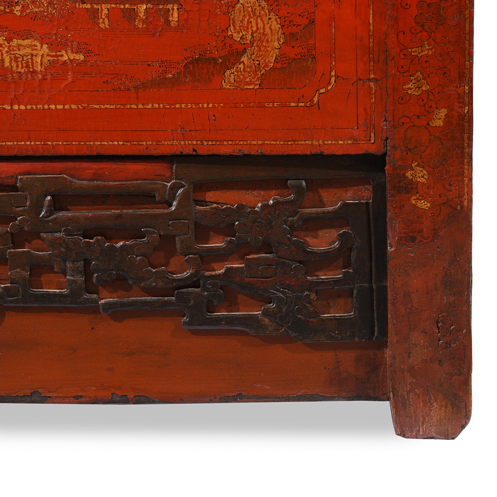 Lower carving detail from an Antique Chinese Gilt Red Lacquer Wedding Cabinet From Shanxi - Early 19thC | Indigo Antiques