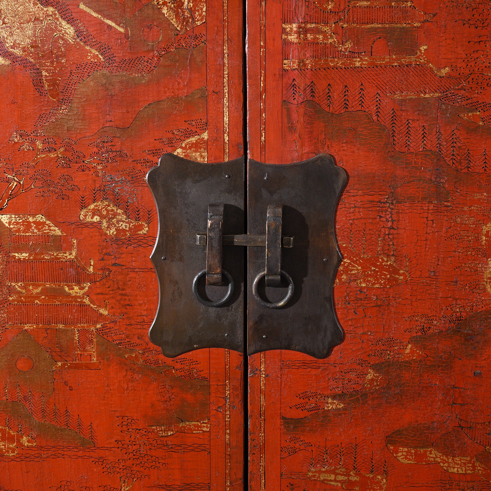 Handware detail from an antique Antique Chinese Gilt Red Lacquer Wedding Cabinet From Shanxi - Early 19thC | Indigo Antiques