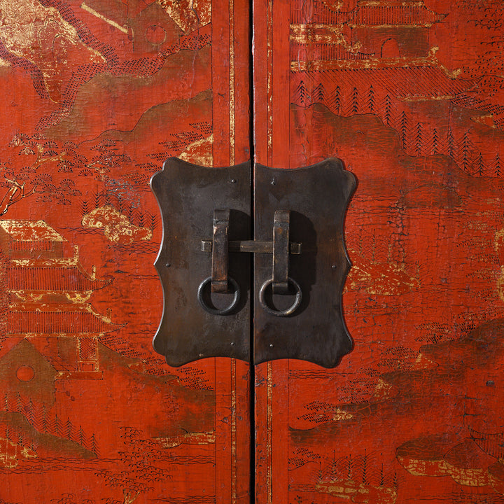 Handware detail from an antique Antique Chinese Gilt Red Lacquer Wedding Cabinet From Shanxi - Early 19thC | Indigo Antiques