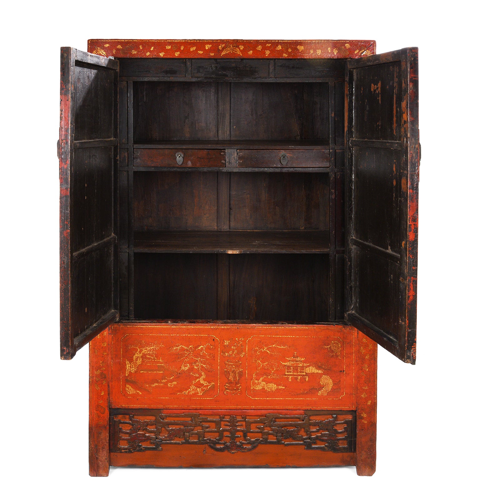 Interior detail from an Antique Chinese Gilt Red Lacquer Wedding Cabinet From Shanxi - Early 19thC | Indigo Antiques