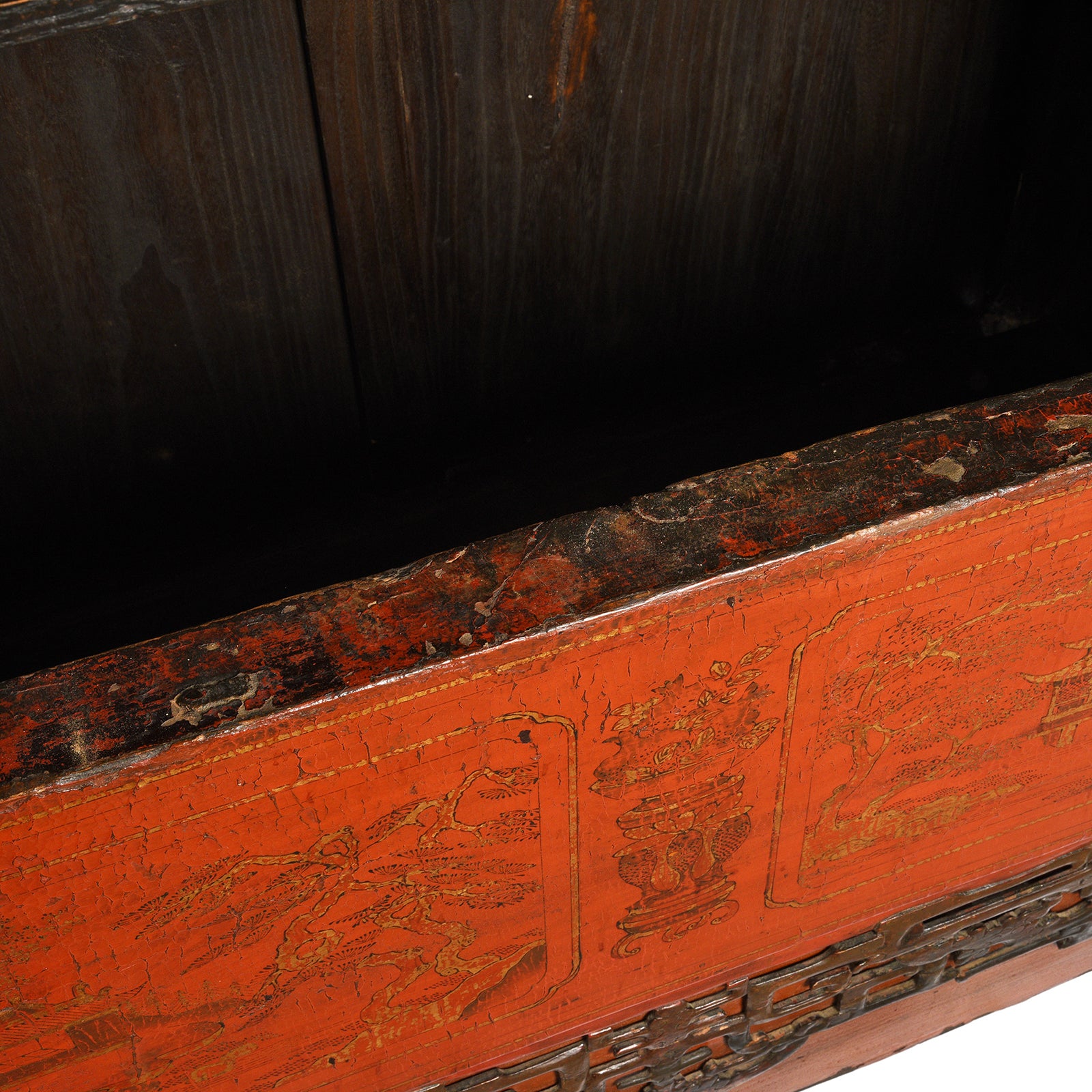 Cavity detail from an Antique Chinese Gilt Red Lacquer Wedding Cabinet From Shanxi - Early 19thC | Indigo Antiques