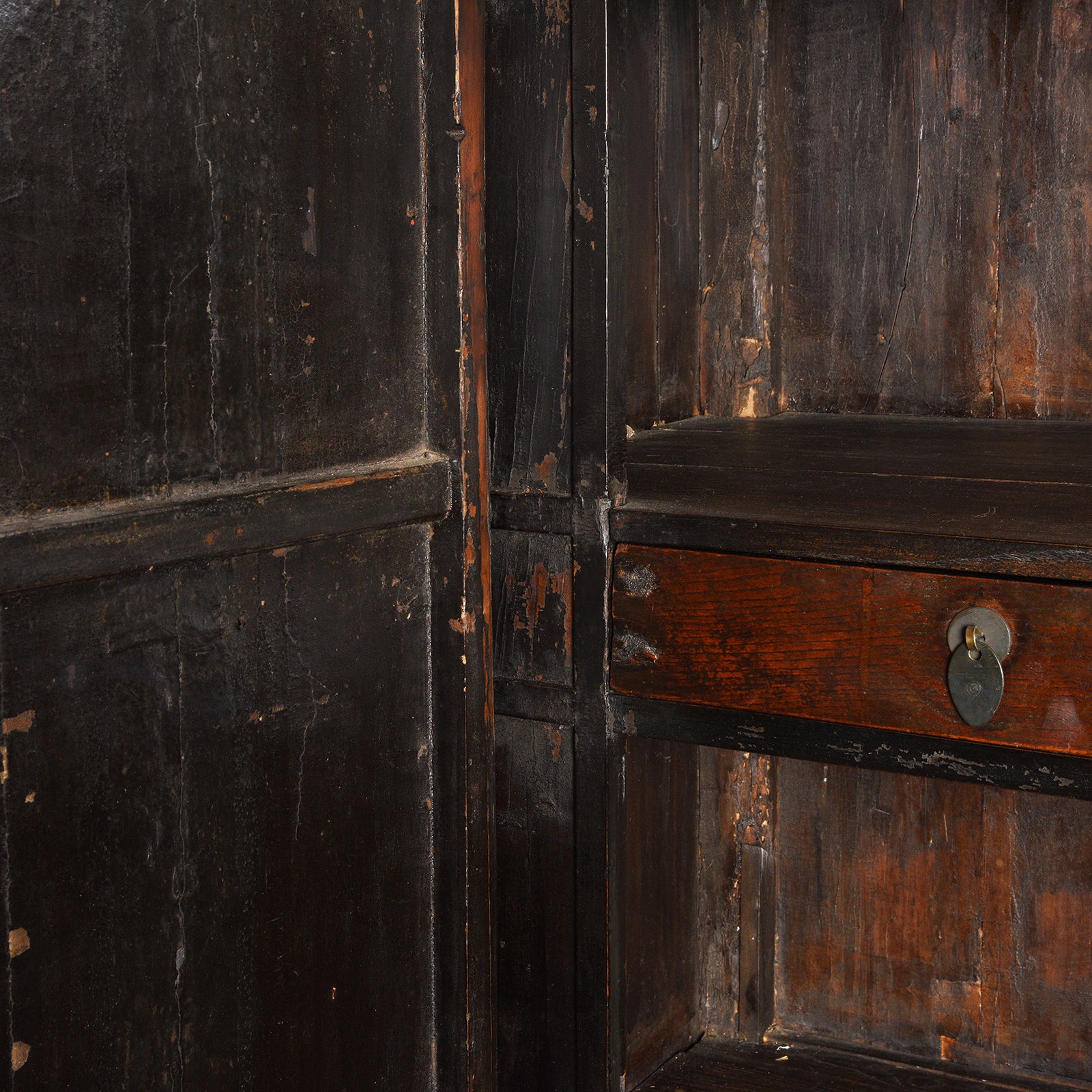 Interior detail from an Antique Chinese Gilt Red Lacquer Wedding Cabinet From Shanxi - Early 19thC | Indigo Antiques
