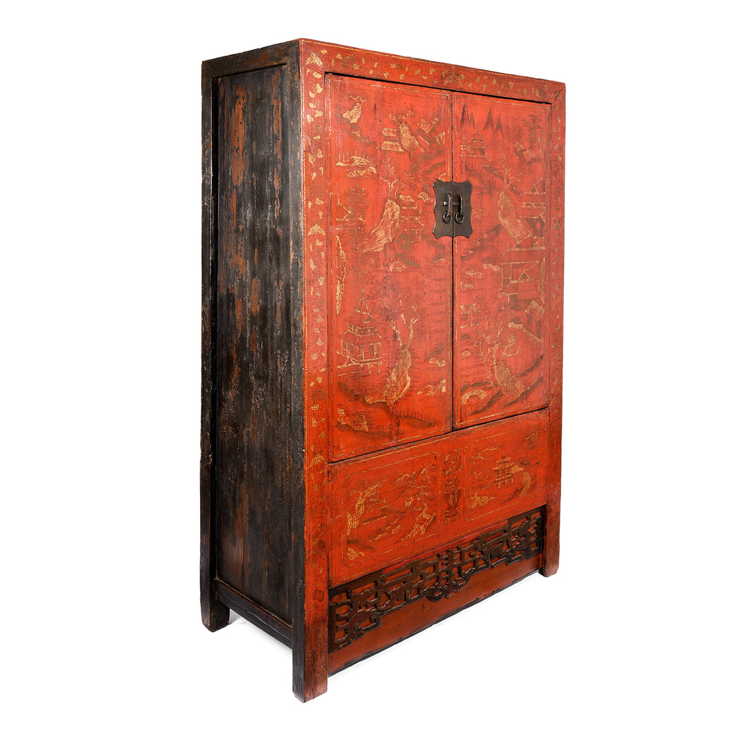 Side detail from an Antique Chinese Gilt Red Lacquer Wedding Cabinet From Shanxi - Early 19thC | Indigo Antiques