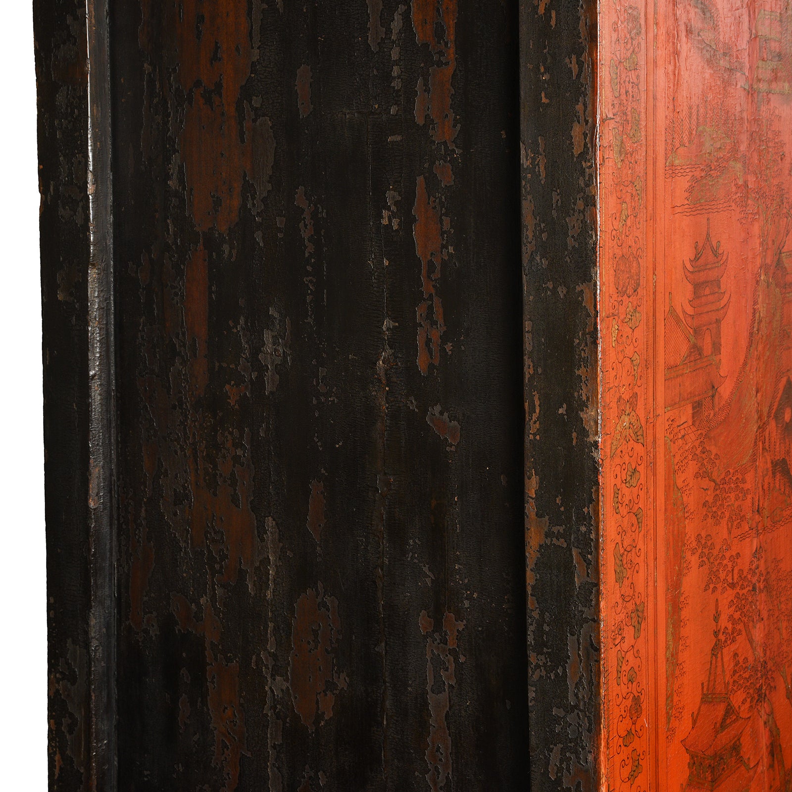 Side detail from an Antique Chinese Gilt Red Lacquer Wedding Cabinet From Shanxi - Early 19thC | Indigo Antiques