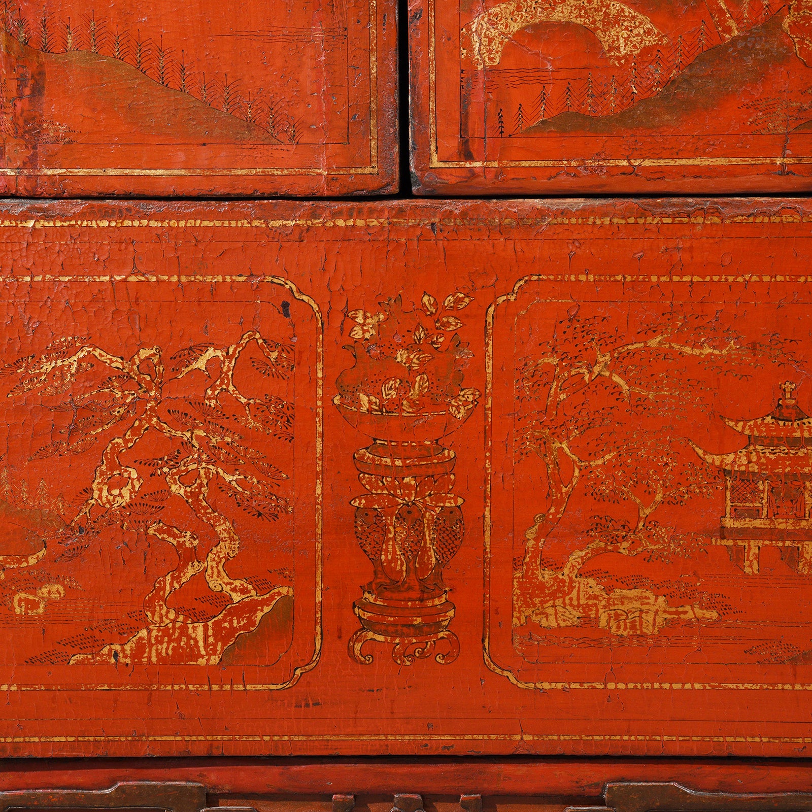 Vase Lower Painting Detail from an Antique Chinese Gilt Red Lacquer Wedding Cabinet From Shanxi - Early 19thC | Indigo Antiques