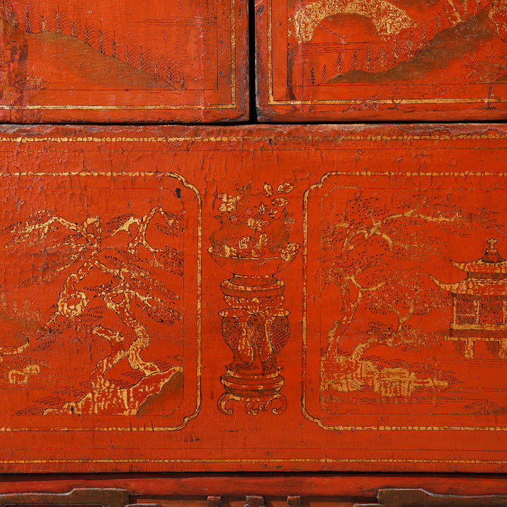 Vase Lower Painting Detail from an Antique Chinese Gilt Red Lacquer Wedding Cabinet From Shanxi - Early 19thC | Indigo Antiques