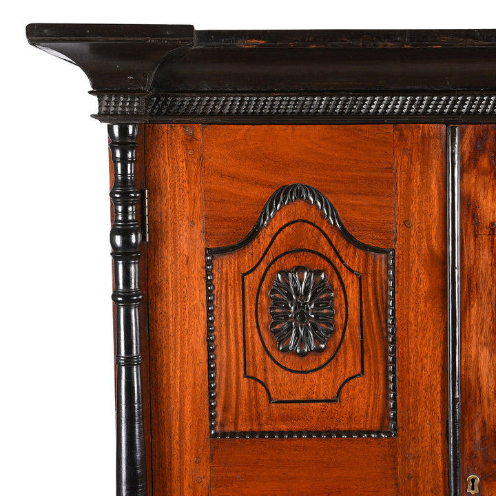 Corner Detail From Antique Indo-Dutch Jackfruit & Ebony Cabinet From Ceylon/Sri-Lanka -19th Century