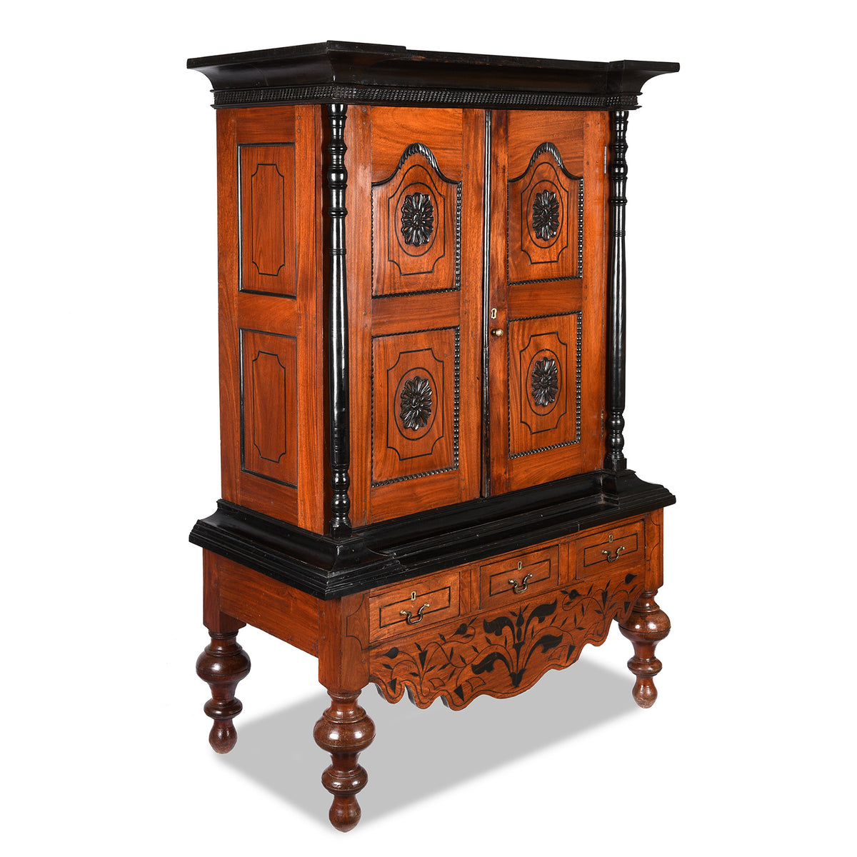 Angled View Of Antique Indo-Dutch Jackfruit &amp; Ebony Cabinet From Ceylon/Sri-Lanka -19th Century