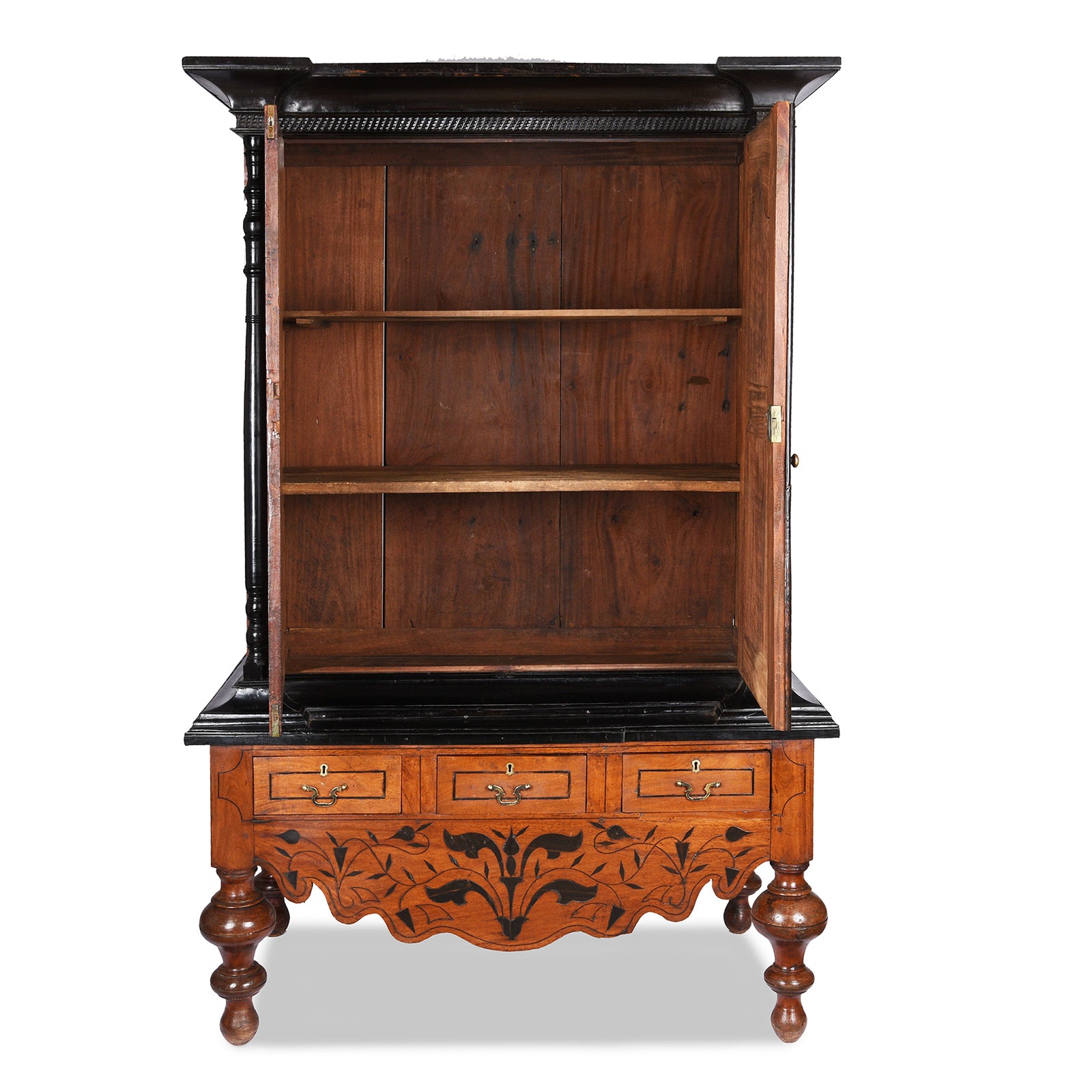 Interior Of Antique Indo-Dutch Jackfruit & Ebony Cabinet From Ceylon/Sri-Lanka -19th Century
