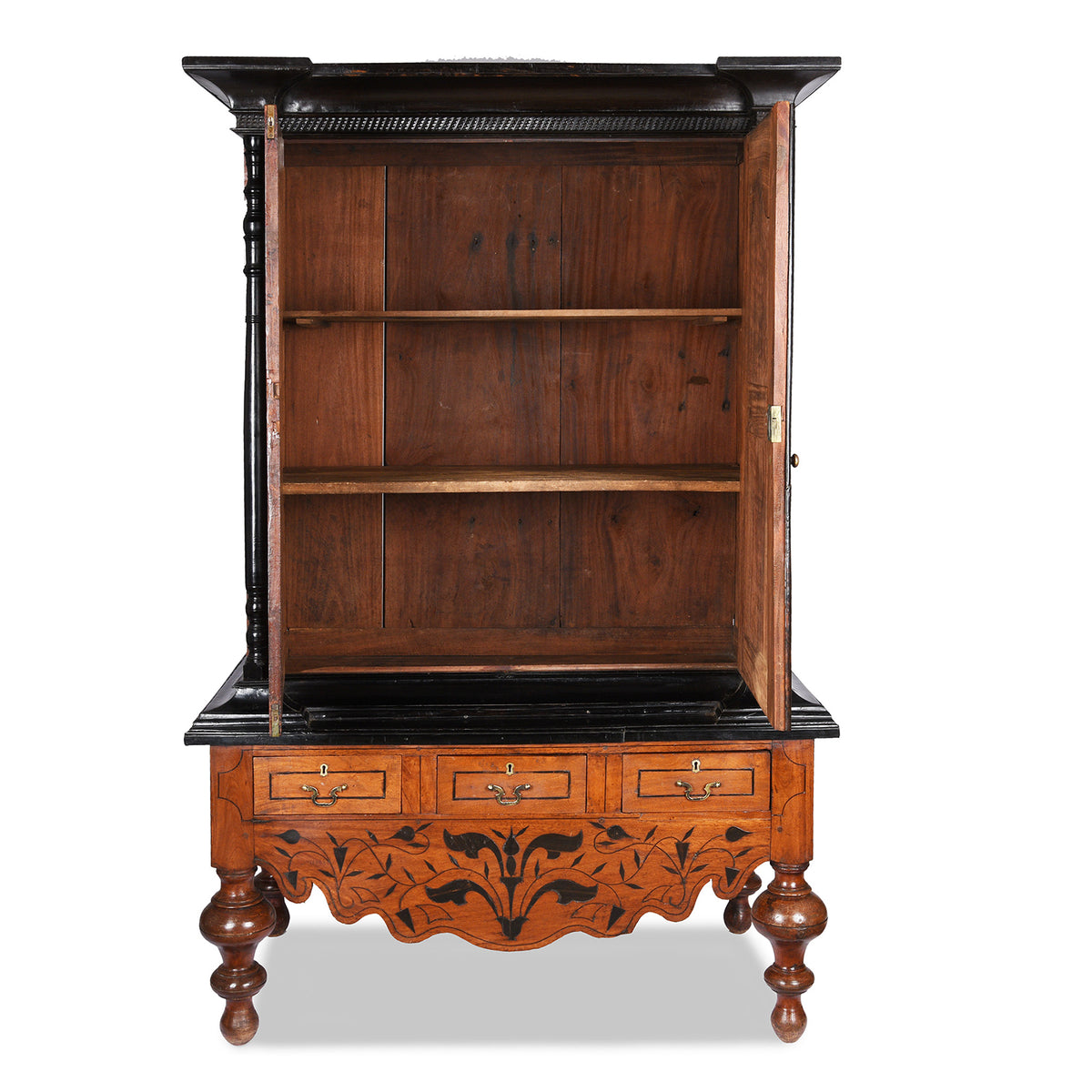 Interior Of Antique Indo-Dutch Jackfruit &amp; Ebony Cabinet From Ceylon/Sri-Lanka -19th Century