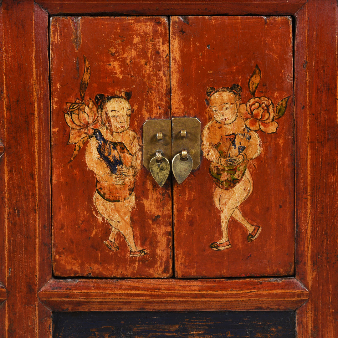 Painted lucky boy detail from an Antique Painted Mongolian Kang Low Cabinet | Indigo Antiques