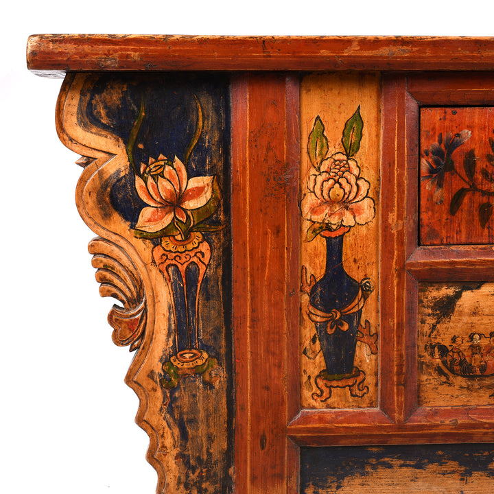 Carved spandrel detail from an Antique Painted Mongolian Kang Low Cabinet | Indigo Antiques