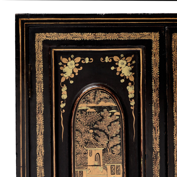 Corner Detail From Antique Gilt Black Lacquer Chinoiserie Export Jewellery Cabinet - 18th Century | Indigo Antiques