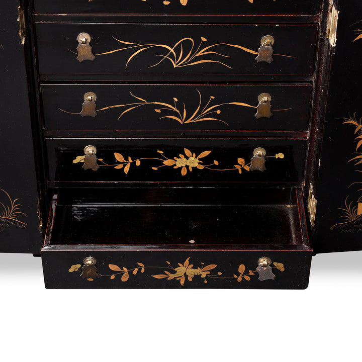 Drawer Detail From Antique Gilt Black Lacquer Chinoiserie Export Jewellery Cabinet - 18th Century | Indigo Antiques