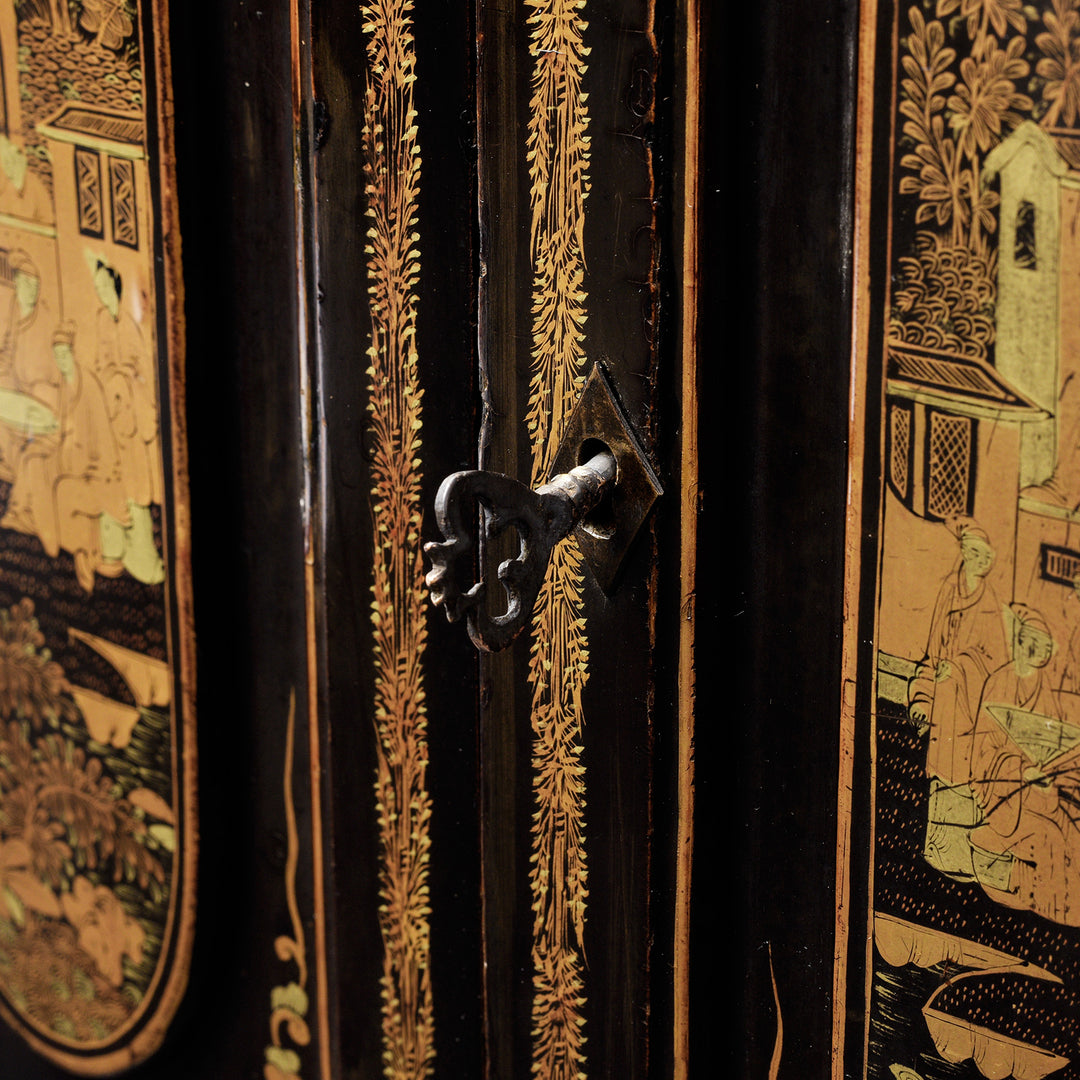 Key Detail From Antique Gilt Black Lacquer Chinoiserie Export Jewellery Cabinet - 18th Century | Indigo Antiques
