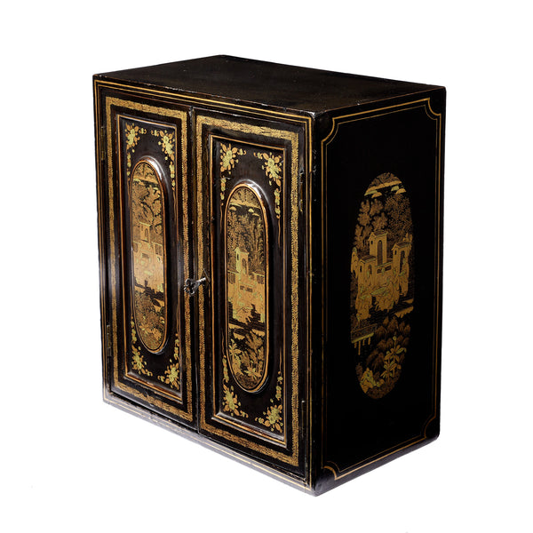 Gilt Black Lacquer Canton Export Jewellery Cabinet - 19th Century