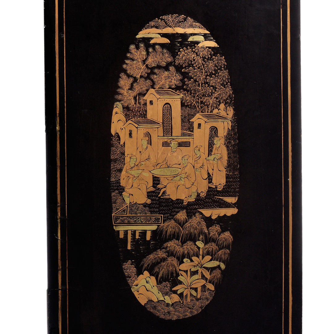 Side View Of Antique Gilt Black Lacquer Chinoiserie Export Jewellery Cabinet - 18th Century | Indigo Antiques