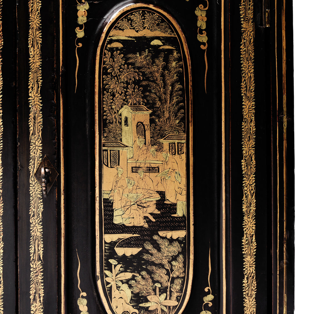 Detail From Antique Gilt Black Lacquer Chinoiserie Export Jewellery Cabinet - 18th Century | Indigo Antiques