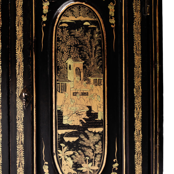Detail From Antique Gilt Black Lacquer Chinoiserie Export Jewellery Cabinet - 18th Century | Indigo Antiques