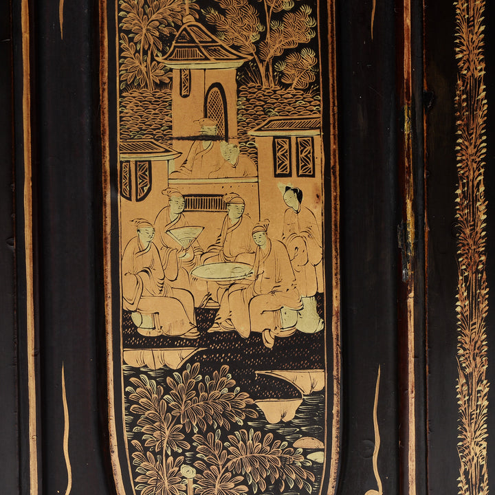 Detail From Antique Gilt Black Lacquer Chinoiserie Export Jewellery Cabinet - 18th Century | Indigo Antiques