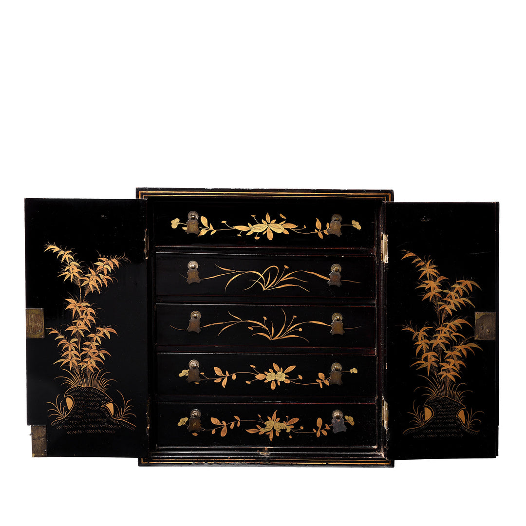 Open Doors View Of Antique Gilt Black Lacquer Chinoiserie Export Jewellery Cabinet - 18th Century | Indigo Antiques
