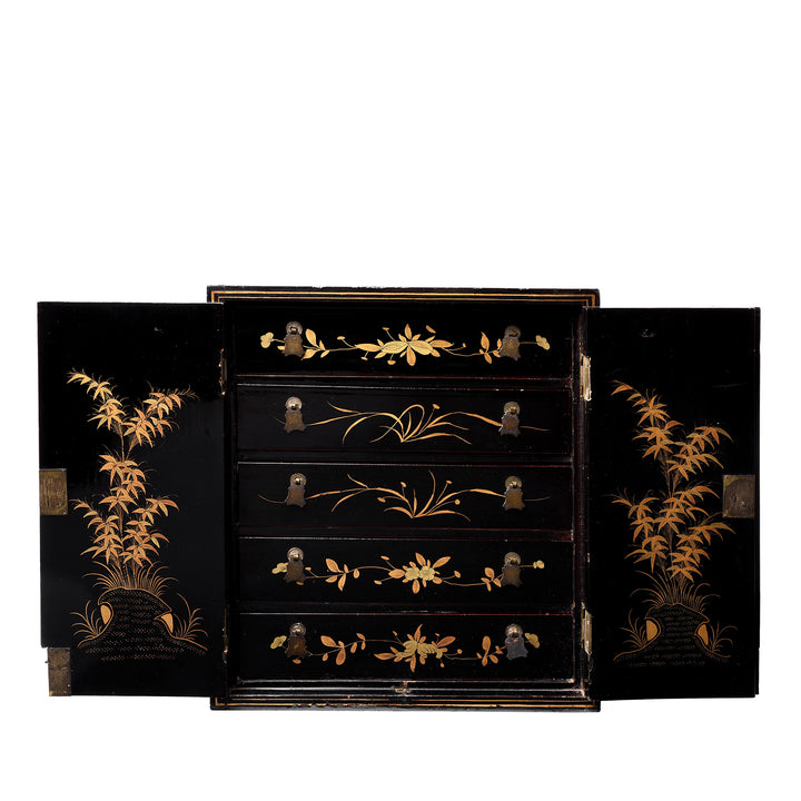 Open Doors View Of Antique Gilt Black Lacquer Chinoiserie Export Jewellery Cabinet - 18th Century | Indigo Antiques